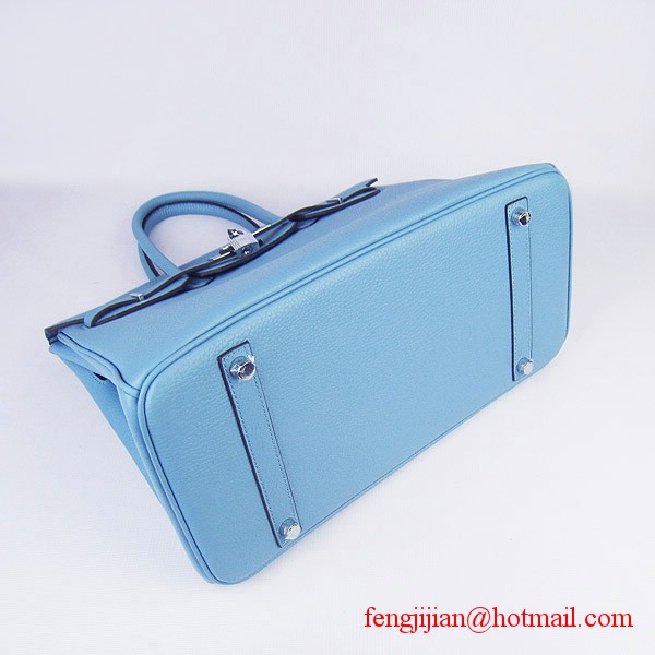 Hermes 35cm Embossed Veins Leather Bag Light Blue 6089 Silver Hardware